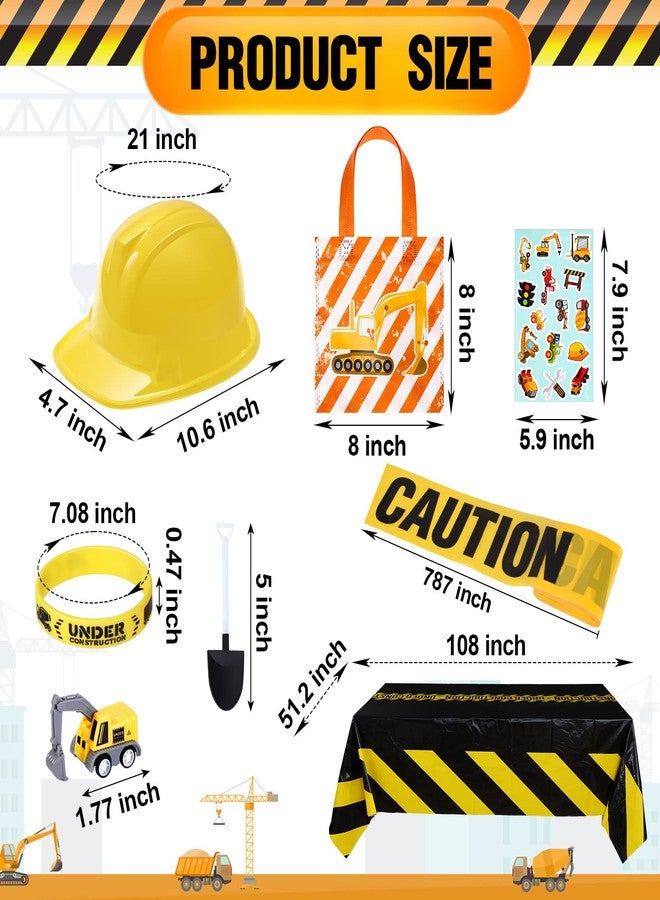Sratte 148 Pcs Construction Birthday Party Supplies Include 12 Construction Hats, 24 Truck Toys, 12 Vehicle Stickers, 12 Silicone Bracelet, 12 Goodie Bag, 24 Stamps, 50 Shovels, 1 Tablecloth,1 Tape - Image 2